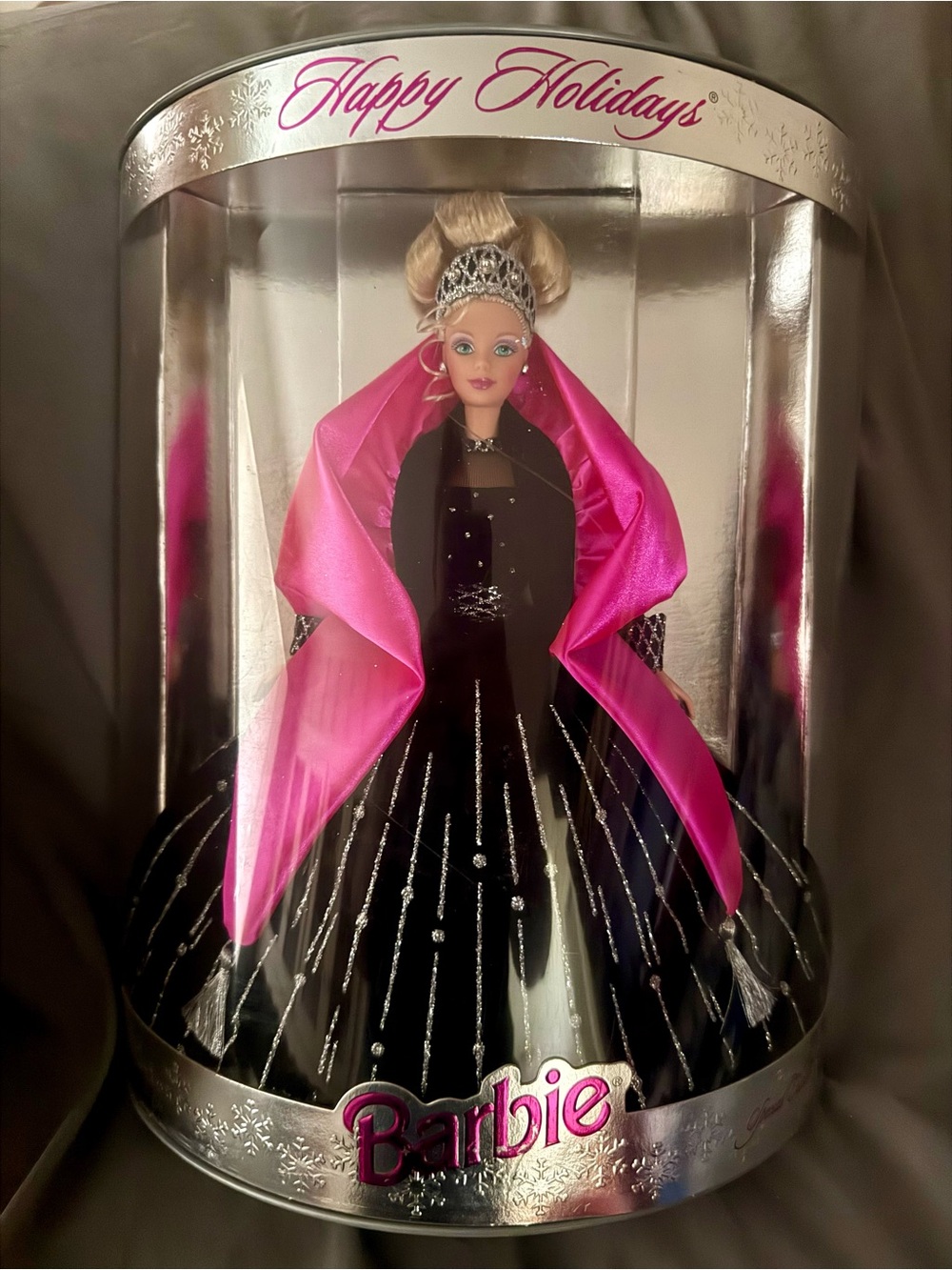 Barbie Black Gown with Hot Pink Satin Shawl - Happy Holidays